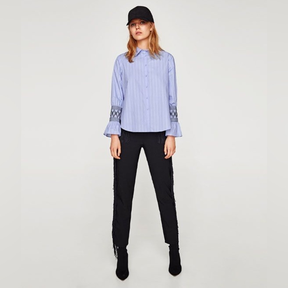 Zara Basic Women’s Blue and White Striped Button Up Long Sleeve Blouse Size L